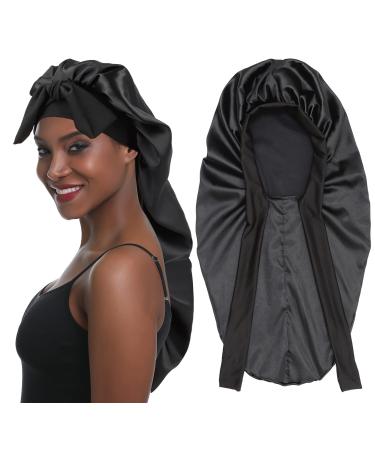SENGTERM Silk Braid Bonnet Long Satin Bonnet Sleep Cap with tie Band Adjustable Bonnet for Women Curly Dreadlocks Frizzy Hair Black2