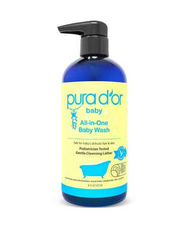 PURA D'OR All-in-One Baby Wash (16oz / 473ml) USDA Biobased, Zero Sulfates, No Artificial Scents, Tear-Less, Hypoallergenic, Gentle, Calming 2-in-1 Baby Bath Wash & Shampoo (Packaging may vary)