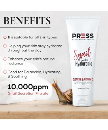 PRESS Snail Mucin Facial Cleanser with Hyaluronic Acid & Vitamin E | Refreshing 6 oz Skincare Solution for All Skin Types - Buy Online on GoSupps.com