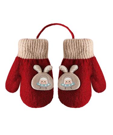 Girls Boys Cute Fox Knitting Short Full Finger Gloves Toddler Kids Winter Thermal Plush Lining Cycling Camping Gloves Mitten for 1-3 Yrs Cartoon/Red