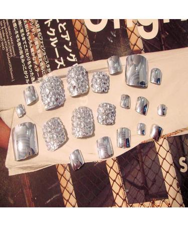 Sethexy 3D Bling Silver Shiny Fake Toenails - 24 Piece Complete Cover Short Square Tips for Women & Girls | Perfect for Weddings & Street Style - Buy Online on GoSupps.com