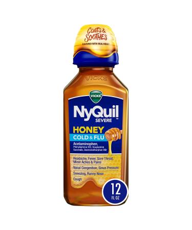 Vicks NyQuil Severe Honey Cold and Flu Medicine Maximum Strength Relieves Cough Sore Throat Fever Congestion 12 Oz