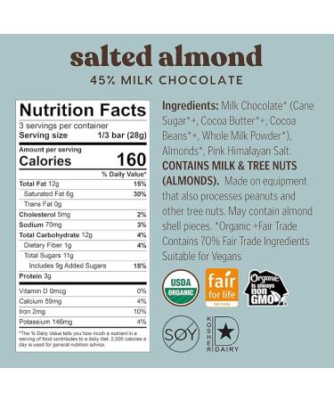 Theo Chocolate Salted Almond Organic Milk Chocolate Bar, 45% Cacao, 12 Pack | Fair Trade - Buy Online on GoSupps.com