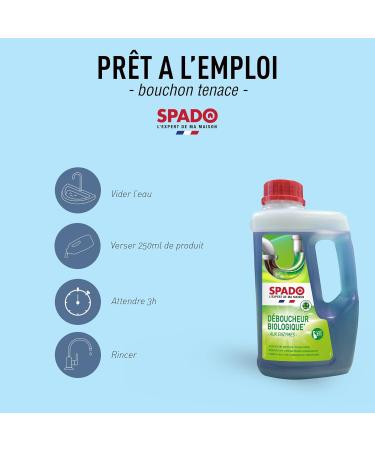 SPADO - Organic drain cleaner - Unblocks cleans and deodorises - Removes clogs dirt and odours - Compatible with septic tanks and grease trays - No soda or acid - 1L - Made in France - Buy Online on GoSupps.com