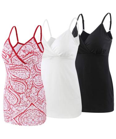 MANCI Nursing Top Tank Cami Women's Cotton Maternity Pajama Tops Sleep Bra for Breastfeeding M White+black+red Pattern