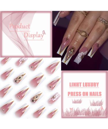 Light Luxury French Tips Press on Nails with Rhinestones | Glossy Glitter Coffin Length Acrylic Nails - Full Cover Stick-On Nails for Women & Girls - Buy Online on GoSupps.com