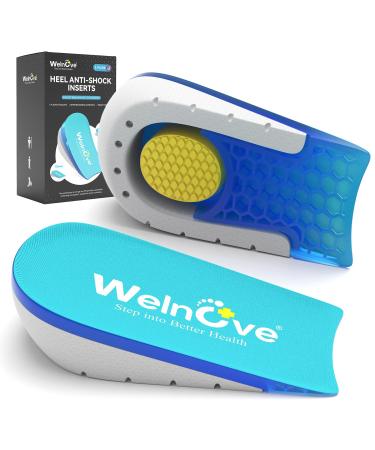 Welnove Shoe Inserts Gel Heel Cushion Cup for Achilles Tendonitis Plantar Fasciitis Heel Pain Heel Spur 0.6" 1" Heel Lift Support for Women 7-10 & Men 5-7(2 Pairs) Blue Small - 0.6"& 1" Height