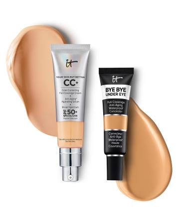 IT Cosmetics CC+ Cream with SPF 50+ Natural Finish Full Coverage Foundation (Neutral Medium - 1.08 fl oz) & Bye Bye Undereye Concealer Anti-Aging Makeup (23.5 Medium Amber - 0.4 fl oz)
