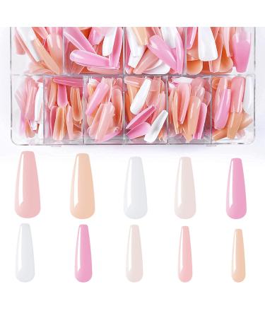 Wellquinn 500PCS Coffin Nails Tips Full Cover Coffin Shaped Nail Tips for Acrylic Nails Professional Long Fake Nails Pink Nude Press on Nails False Nail for Nail Salon and DIY Nail Art, 10 Sizes Carnation