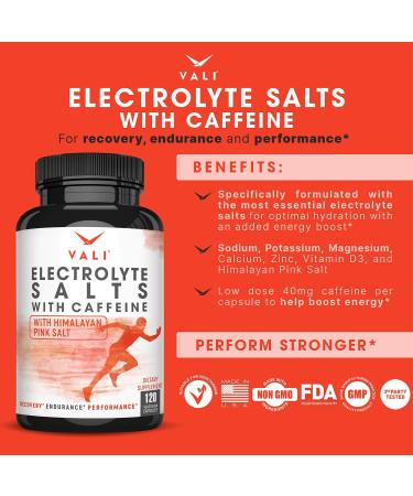 VALI Electrolyte Salts Plus 40mg Caffeine. Rapid Oral Rehydration Replacement Pills. Hydration Nutrition Powder Supplement Energy Recovery & Relief Fast. Fluid Health Essentials. 120 Veggie Capsules Electrolytes + Caffeine - Buy Online on GoSupps.com