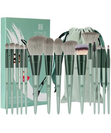 HEYMKGO Makeup Brushes Set - 15Pcs Makeup Brush Set Premium Synthetic Bristles Conical Handle Kabuki Foundation Face Brushes for Liquid Powder Buffing Blending Contouring With Travel Pouch B 15Pcs Green