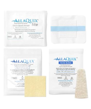 Stop Bleeding Quick Pack - AllaQuix Sample Trial Pack (1 Each of Hemostatic Blood Stoppers: Gauze Bandage Nose Plug)