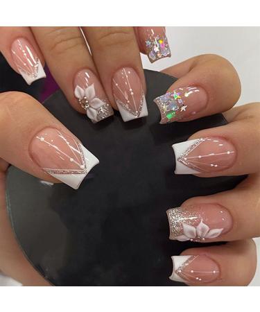 Press on Nails Short Square Fake Nails White French Tips Glossy False Nails Cute Bling Glitter Nails Press ons Gel Glue on Nails Full Cover Flower Stick on Acrylic Nails for Women Girls I-01Glitter