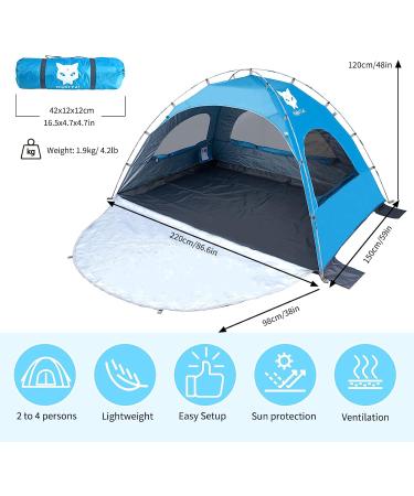 Night Cat Beach Tent - Portable Sun Shade Shelter for 2-4 Persons with UV Protection | Easy Setup & Breathable Mesh Windows | Outdoor Blue Single Layer Tent - Buy Online on GoSupps.com