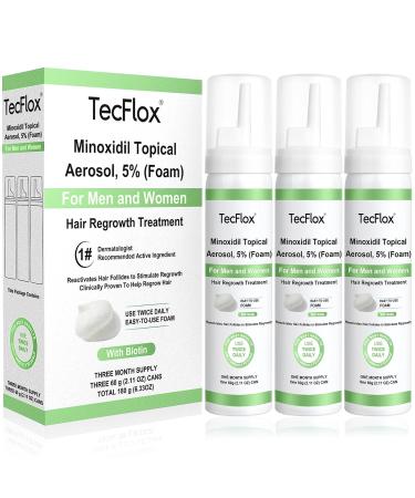 TECFLOX Minoxidil Foam 5% Minoxidil for Men and WomenHair and Beard Growth with Biotin Unscented 2.11 Oz - Pack Of 3