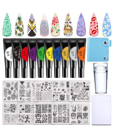 Nail Stamping Plate Gel Set 23 pcs Stamp Gel Plate Kit 10 Stamping Plate 10 Colors Stamping Nail Gel Nail Stamper Scraper Storge Bag Nail Template Leaf Flower Animal Butterfly Holiday Lace 10 Square Nail Stamping Plates 10 Colors Stamp Gel