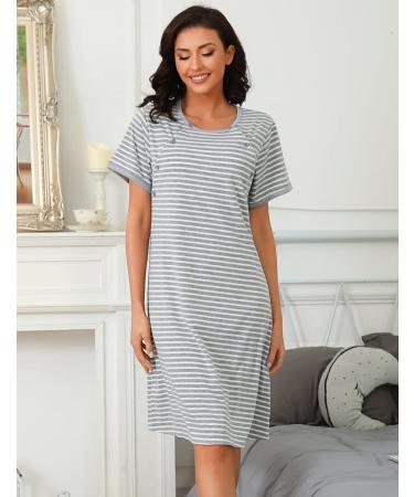 Sykooria Maternity Nightdress Nursing Nightgown - Short Sleeve Breastfeeding Sleep Shirt for Pregnant Women - Stripe Light Grey - Size L - Buy Online on GoSupps.com