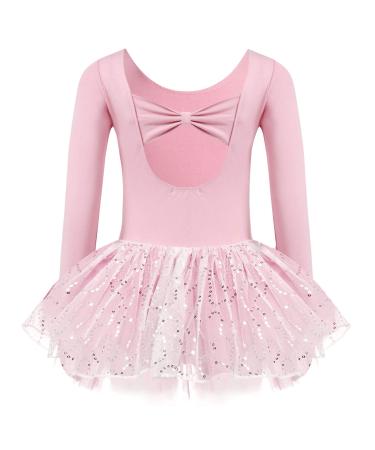 Zaclotre Girls Ballet Long Sleeve Skirted Leotards with Tutus Skirt Dance Dress Ballerina Outfits Ballet Pink/Bow Back 4-5T