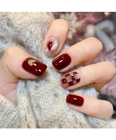 Press on Nails Short Fake Nails 24Pcs Shiny Red False fingernail with Self-Adhesive Jelly Nail Glue Tabs Press On False Nails