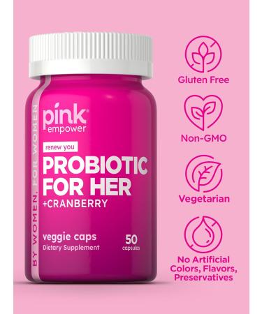 PINK Probiotics for Women | Digestive Health Support Capsules Plus Cranberry | 50 Count | Vegetarian Non-GMO & Gluten Free Supplement - Buy Online on GoSupps.com