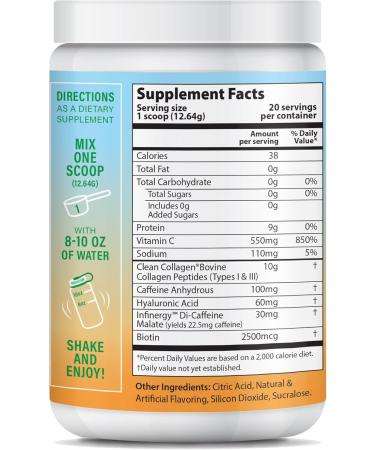 ABOUT YOUR COLLAGEN Peptide Energy Collagen Powder Type I & III Caffeine for Energy Vitamin C Biotin & Hyaluronic Acid - Mango Passion flavour - 8.92 oz - Buy Online on GoSupps.com