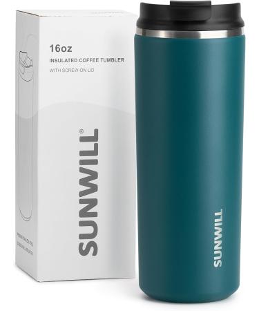 SUNWILL Coffee Cup Travel Mug, Thermal Mug with Leakproof Lid, 470ml Insulated Coffee Flask, Stainless Steel, Cupholder Friendly, Peacock Blue