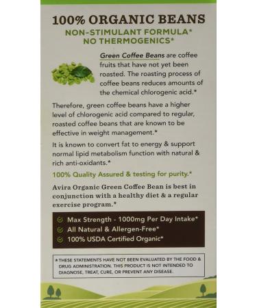 Avira Organic Green Coffee Bean Ext-1000 | USDA Organic Extract 50% Chlorogenic Acid | Non-Stimulant Formula for Weight Loss & Metabolism | Non-GMO | Allergen Free | Max Strength 1000mg Per Serving - Buy Online on GoSupps.com