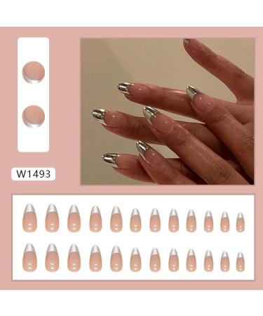 Buy Oval Short Artificial French Press On Nails - Silver Short Square Soft Gel Nail Tips | Mrcuvaryas | Full Cover - Buy Online on GoSupps.com