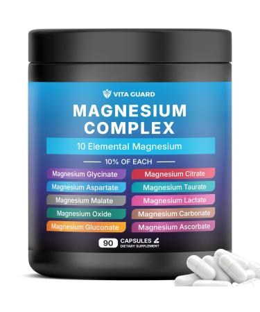 Vita Guard Magnesium Complex 1480mg 10-in-1 with Glycinate Citrate Malate & More High Absorption Sleep Muscle Nerve & Heart Support 90 Vegan Capsules Non-GMO Gluten-Free No Sugar