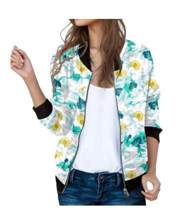 Bomber jacket Women Light with flower pattern women casual jacket aviator jacket zipper summer jacket short outwear college jacket long arm casual jacket ladies jacket women's clothing mint green m