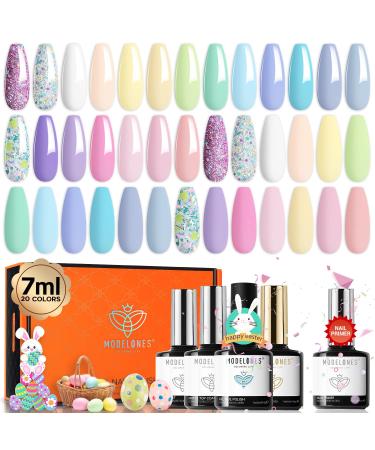 Modelones Gel Nail Polish Kit 24Pcs, Pastel Spring 20 Colors 7ML Glitters Summer Gel Polish Set with Glossy&Matte Top Base Coat + Bond Primer, Macarons Girly Collection Nails Art Manicure Home DIY Gifts for Women Girls A Pastel Arcadia