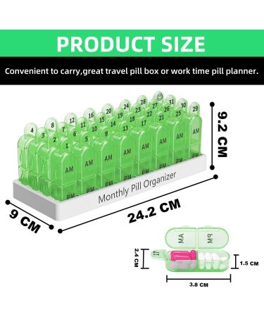 Monthly Pill Box Organizer for AM PM Medication with 32 Compartments - Easy Open Design for Children & Elderly - Green - Buy Online on GoSupps.com