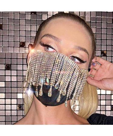 IYOU Glitter Crystal Face Coverings Black Shiny Rhinestone Tassel Face Masks Masquerade Reusable Sparkly Halloween Genie Costume Mask Jewelry for Women and Girls