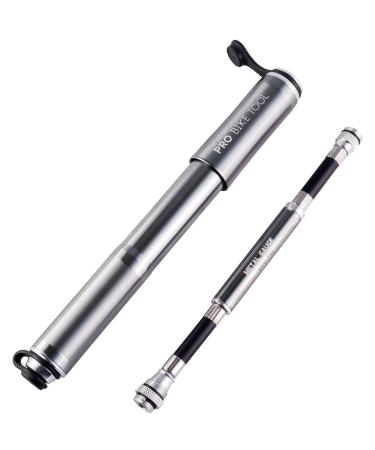 PRO BIKE TOOL Bike Pump with Gauge Fits Presta and Schrader - Accurate Inflation - Mini Bicycle Tire Pump for Road, Mountain and BMX Bikes, High Pressure 100 PSI, Includes Mount Kit Titanium