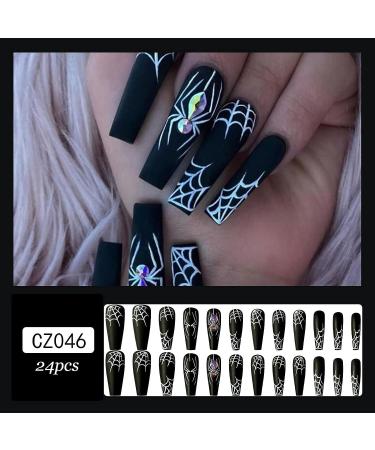 Black Spider Web Halloween Press On Nails - Full Cover Long Fake Nails for Women - 24 Pcs Glossy Halloween Glue On Nails - Buy Online on GoSupps.com
