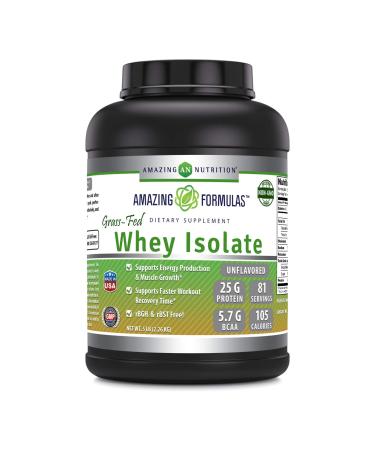 Amazing Formulas Grass-Fed Whey Protein Isolate | 25 Grams Protein Per Serving | 5 Lbs (2.26 Kg) | 5.7 Grams BCAA | Made in USA (5 Lb Unflavored) Unflavored 5 Pound