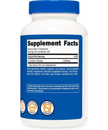 Nutricost L-Carnitine Tartrate 1000mg 120 Capsules - 500mg Per Capsule (60 Servings) 120 Count (Pack of 1) - Buy Online on GoSupps.com
