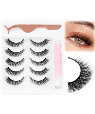 EMEDA Natural False Eyelashes Wool Curl False Lashes FLuffy Cat Eye Look 3D Wispy Wavy Lashes Look Like Extensions Wool Roll False Eyelashes for Beginners Daily 5 Pairs Pack with Glue (W14 6-12mm)