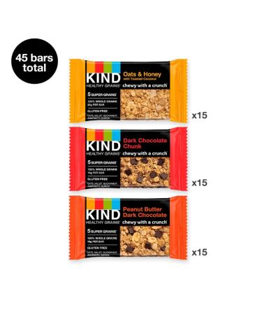 KIND Healthy Grains Bars Variety Pack - Dark Chocolate Chunk, Oats & Honey, Peanut Butter - 45 Count, Gluten Free - Healthy Snacks - Buy Online on GoSupps.com