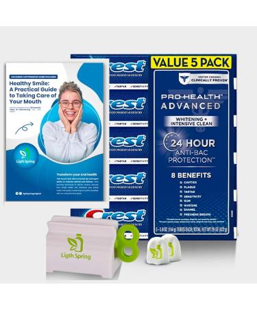 Crest Pro-Health Toothpaste Advanced White for Teeth Whitening (5.8 oz. 5 pk.) + Three Bonus Gift Better Health Smile Ligth&Spring Guide + Toothpaste Squeezer and Two No-Mess Caps.
