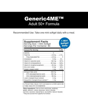 Generic4ME Adult 50 Plus Eye Health Formula Includes 5 mg Lutein 1 mg Zeaxanthin 250 mg Omega-3s 9 mg Zinc 150 mg Vitamins C 30 mcg Vitamin D 20 mg Vitamin E - Buy Online on GoSupps.com