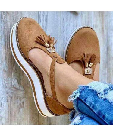 Creev sandals for women platform tassel leather sandals closed toes buckle shoes shoes ankle straps paragraph vintage beach scop women sexy sandals brown 43 (pink 43 EU) Bruin 42 EU