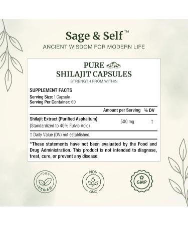 Sage & Self Pure Shilajit Capsules Purified Shilajit Extract (40% Fulvic Acid) 500 mg Per Capsule Vegan Herbal Supplement (60 Capsules) - Buy Online on GoSupps.com