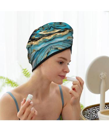 Turquoise Blue Gold Marble Velvet Hair Cap - Quick-Dry Hair Towel Wrap for Men & Women | Travel & Home Use - Buy Online on GoSupps.com