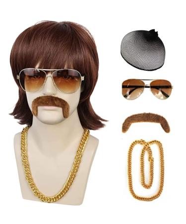 JoneTing 5 Pcs Disco Wig   1 Gold Necklace + 1 Brown Beard +1 Glasses+1 Wig Cap  Dark Brown Short Wavy Wig for Men Synthetic Afro Wig for Party 70 s Costume Wig for Halloween Peluca Marr n Oscuro Rocker Wig for Males Cos...
