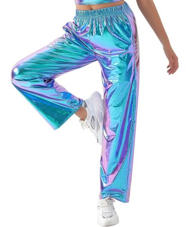 ODIZLI Womens Shiny Metallic High Waist Jogger Pants - Holographic Laser Blue Large - Buy Online on GoSupps.com