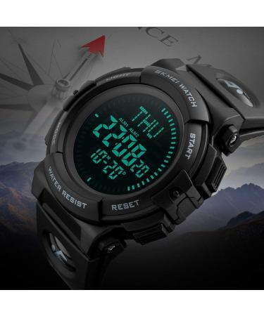 Mens Military Digital Sports Watch with Survival Compass | 50M Waterproof, 3 Alarm, Stopwatch | Black - Buy Online on GoSupps.com