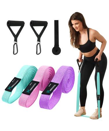 Marioota long fabric fitness straps 3 different resistance tapes set carrying bags with handles & door anchors resistance bands for men/women long fitness straps blue - pink - purple