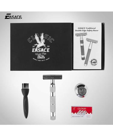 EASACE Long Handle Double Edge Safety Razor Kit - Metal Razor for Men and Women - Includes Stand, Cleaning Brush, and 10 Blades (Silver) - Buy Online on GoSupps.com
