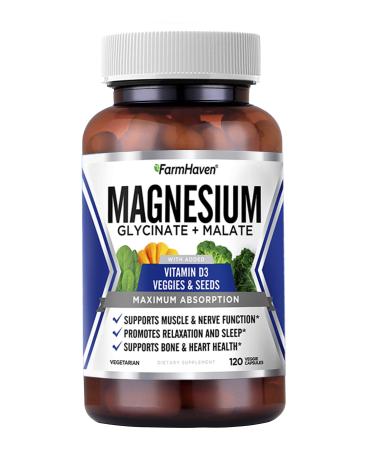 FarmHaven Magnesium Glycinate & Malate Complex w/ Vitamin D3, 100% Chelated for Max Absorption, Vegan - Sleep, Leg Cramps Relief, Anti-Stress, Muscle Cramps, 120 Capsules, 60 Days 120 Count (Pack of 1)
